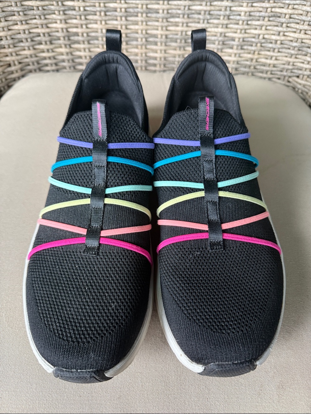 Skechers Black Slip-On Sneakers with Rainbow Elastic Bands